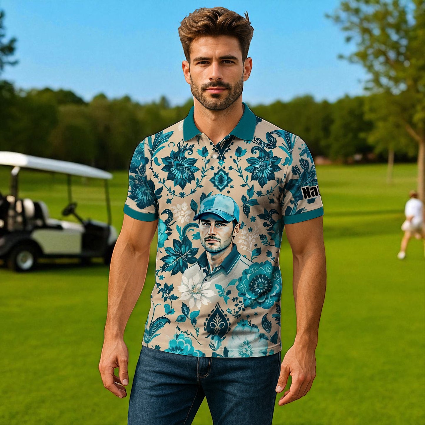 Custom Retro Pattern Art Polo Shirt – Personalized Face & Name | Vintage Floral Pattern Collared Shirt for Men Style 5
