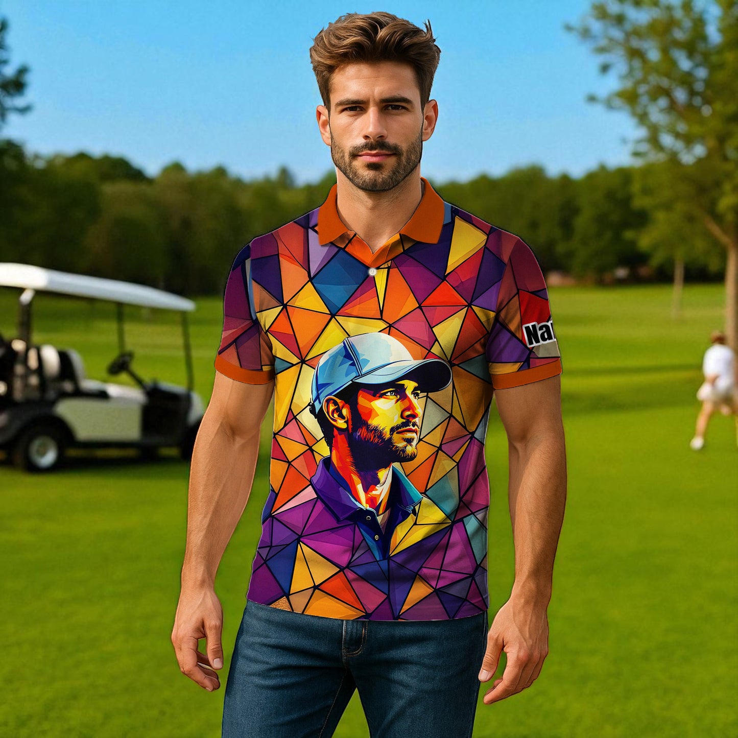 Angular Geometric Glass Pattern Custom Face Polo — Stained-Glass Mosaic Print, Personalized Sublimation Golf Shirt, Vibrant Geometric Portrait Tee