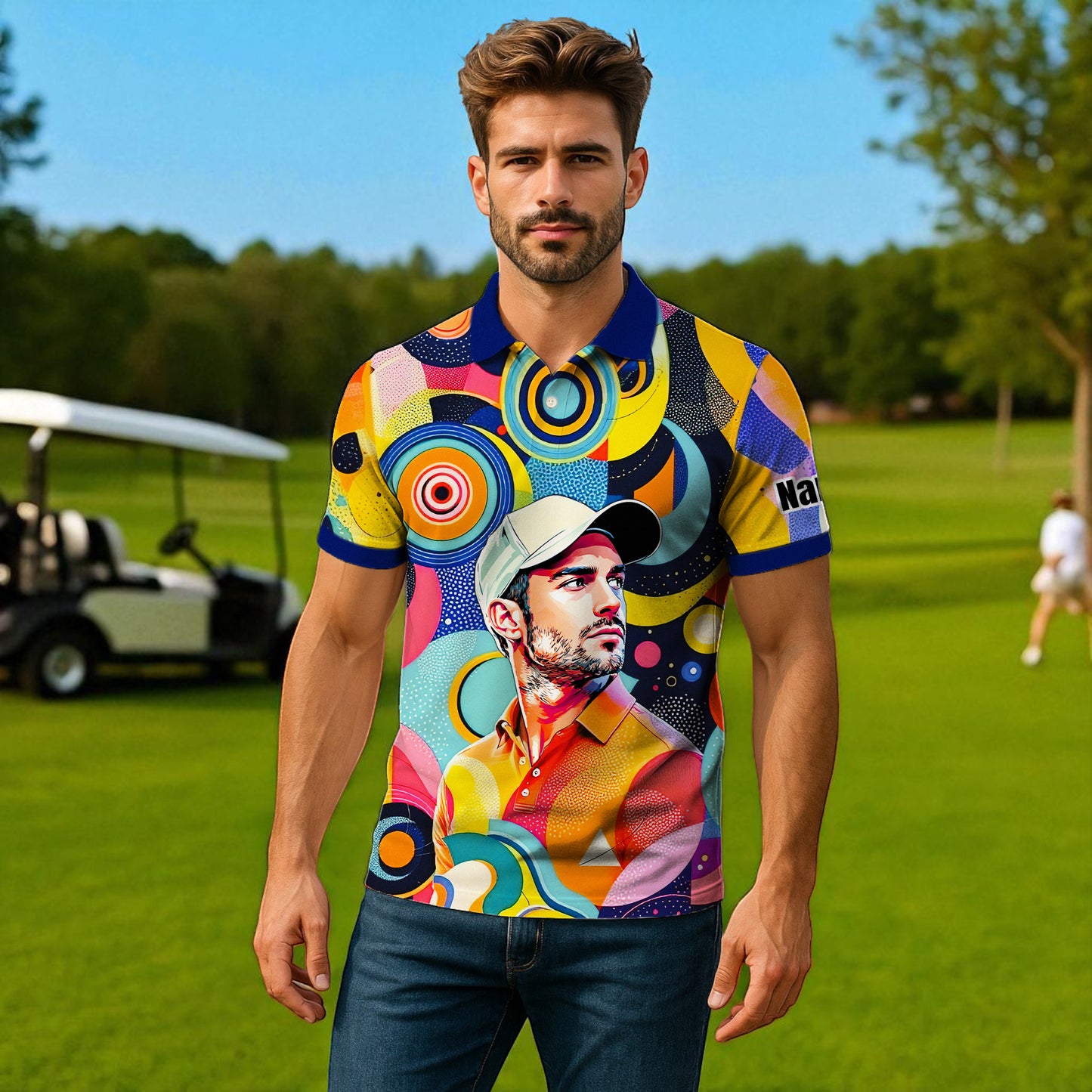 HomyGifts Custom Face Polo Shirt – Personalized Abstract Geometric Art Photo Shirt, Unique Gift for Him & Her