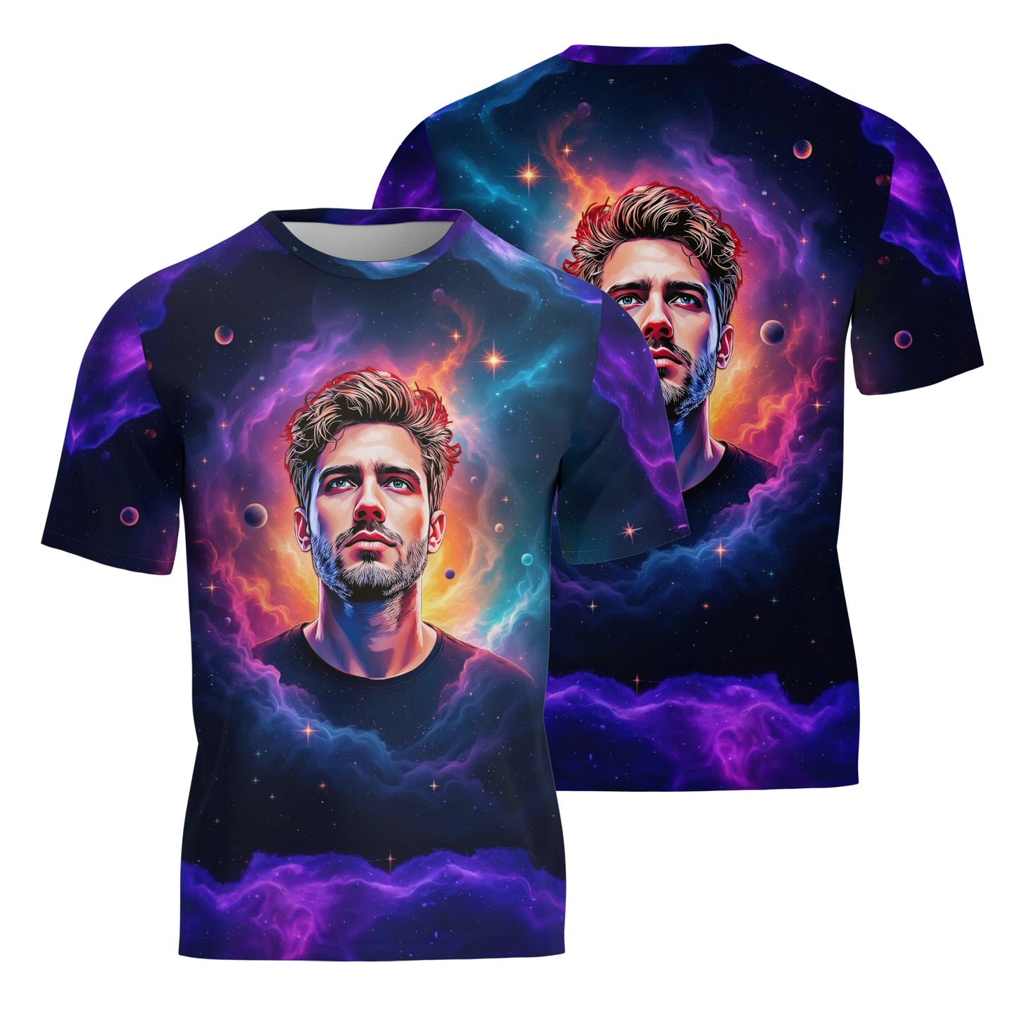Custom Face Surreal Cosmic Art T-Shirt – Personalized Galaxy Universe Tee with Trippy Sci-Fi Design for Unique Gifts & Style