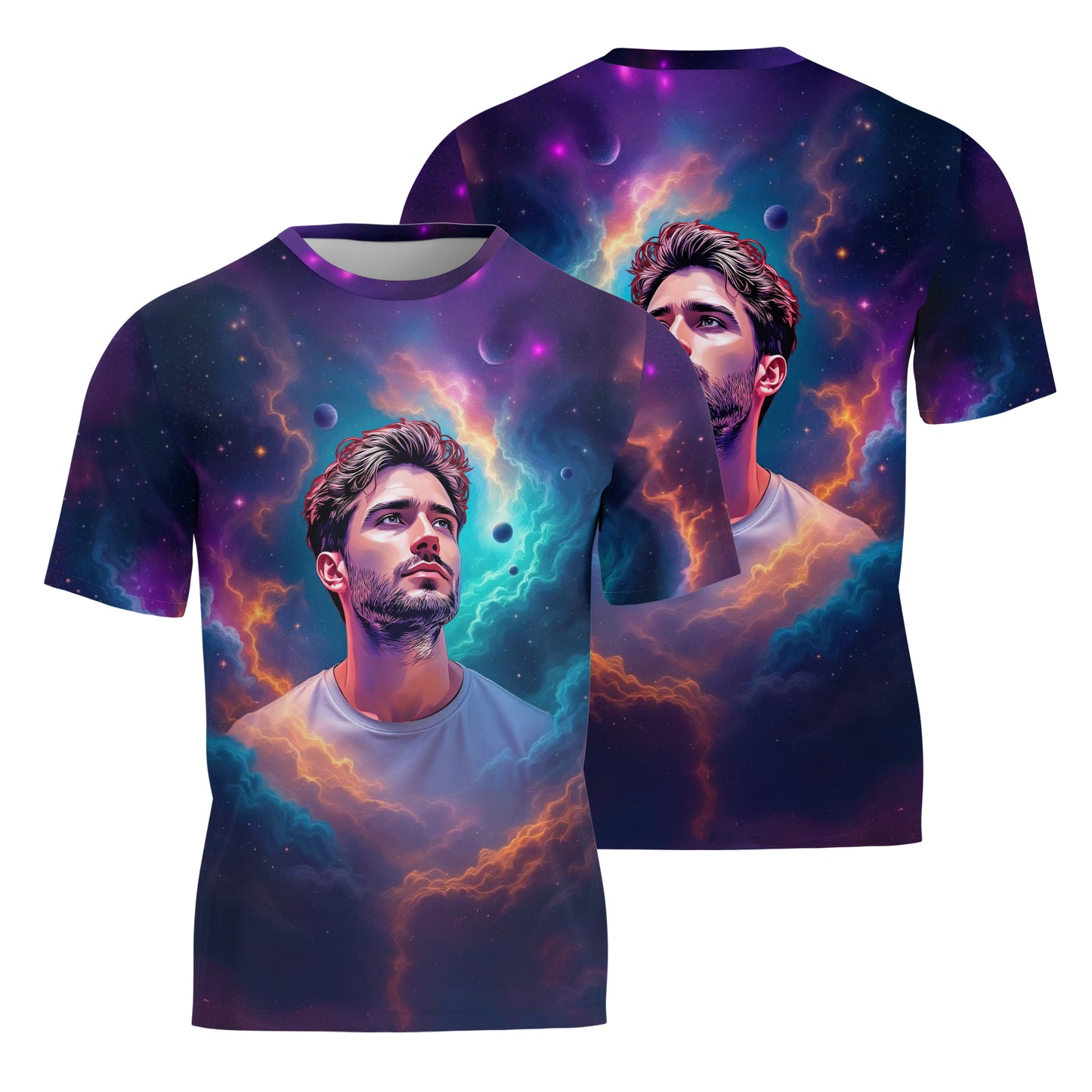 Custom Face Surreal Cosmic Art T-Shirt – Personalized Galaxy Universe Tee with Trippy Sci-Fi Design for Unique Gifts & Style