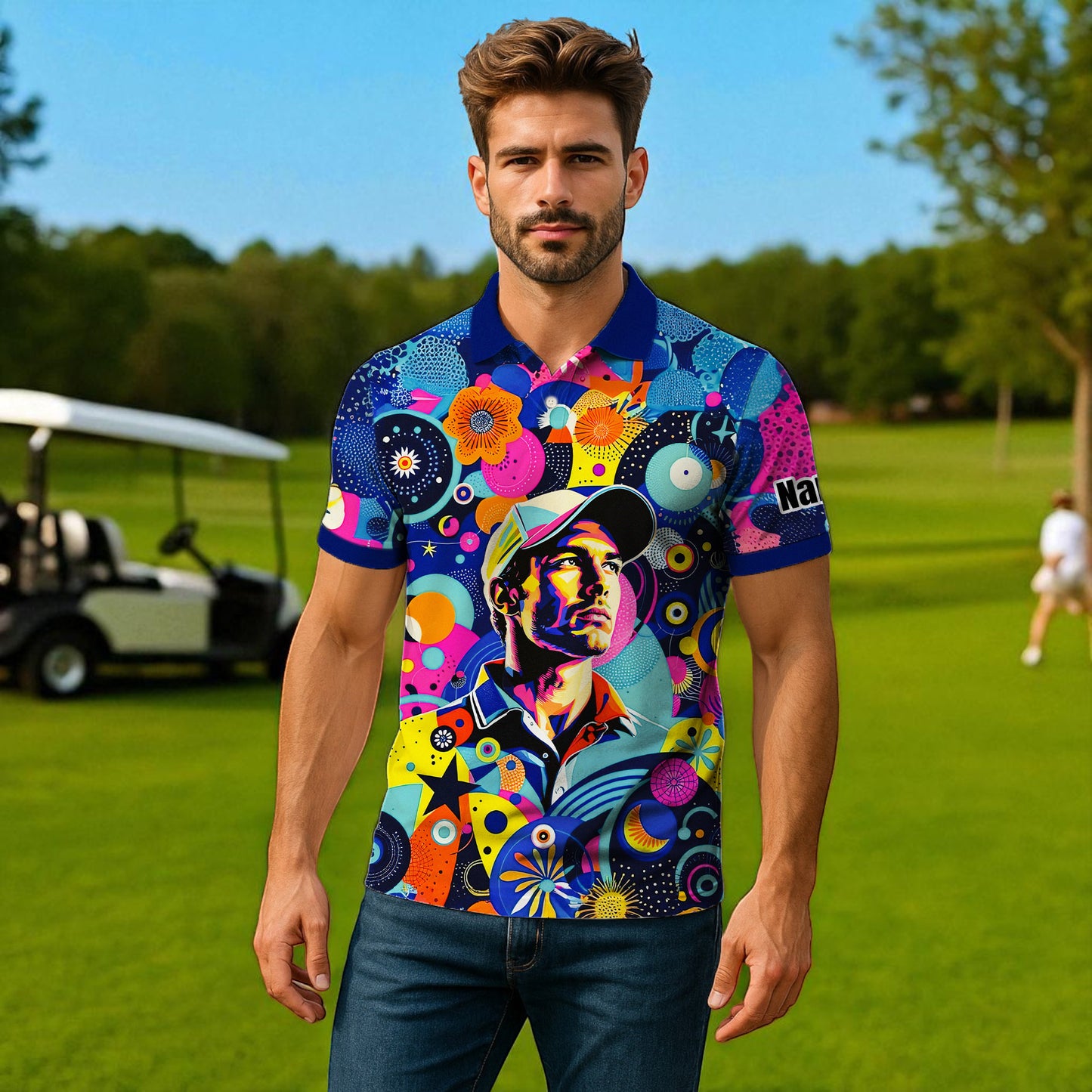 HomyGifts Custom Face Polo Shirt – Personalized Abstract Geometric Art Photo Shirt, Unique Gift for Him & Her