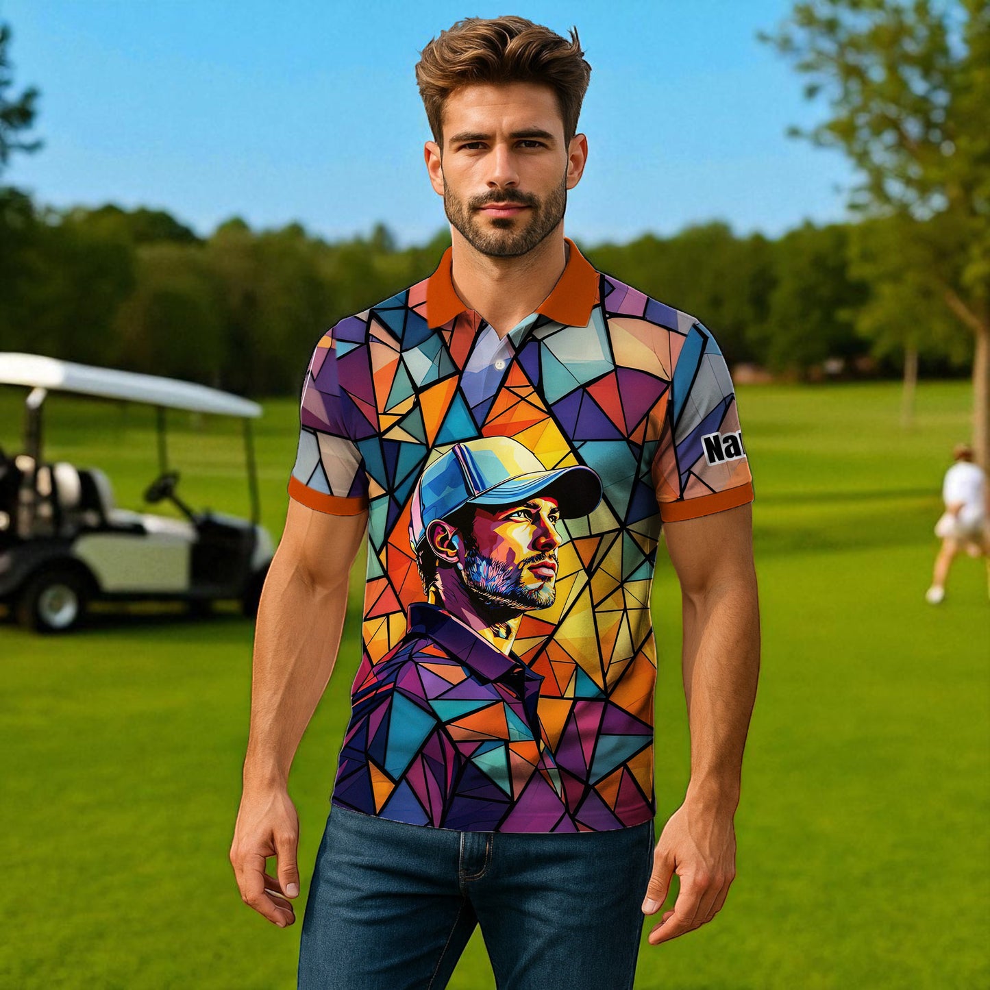 Angular Geometric Glass Pattern Custom Face Polo — Stained-Glass Mosaic Print, Personalized Sublimation Golf Shirt, Vibrant Geometric Portrait Tee