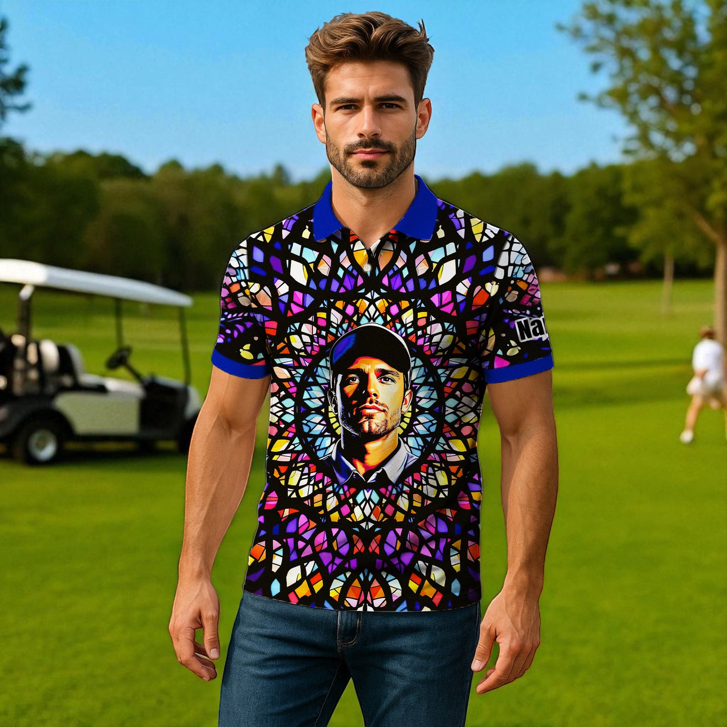 Custom Face Golf Polo Shirt – Personalized Stained Glass Mandala Style Polo, Unique Gift for Men & Women, Vibrant Artistic Golf Shirt, Custom Photo Polo