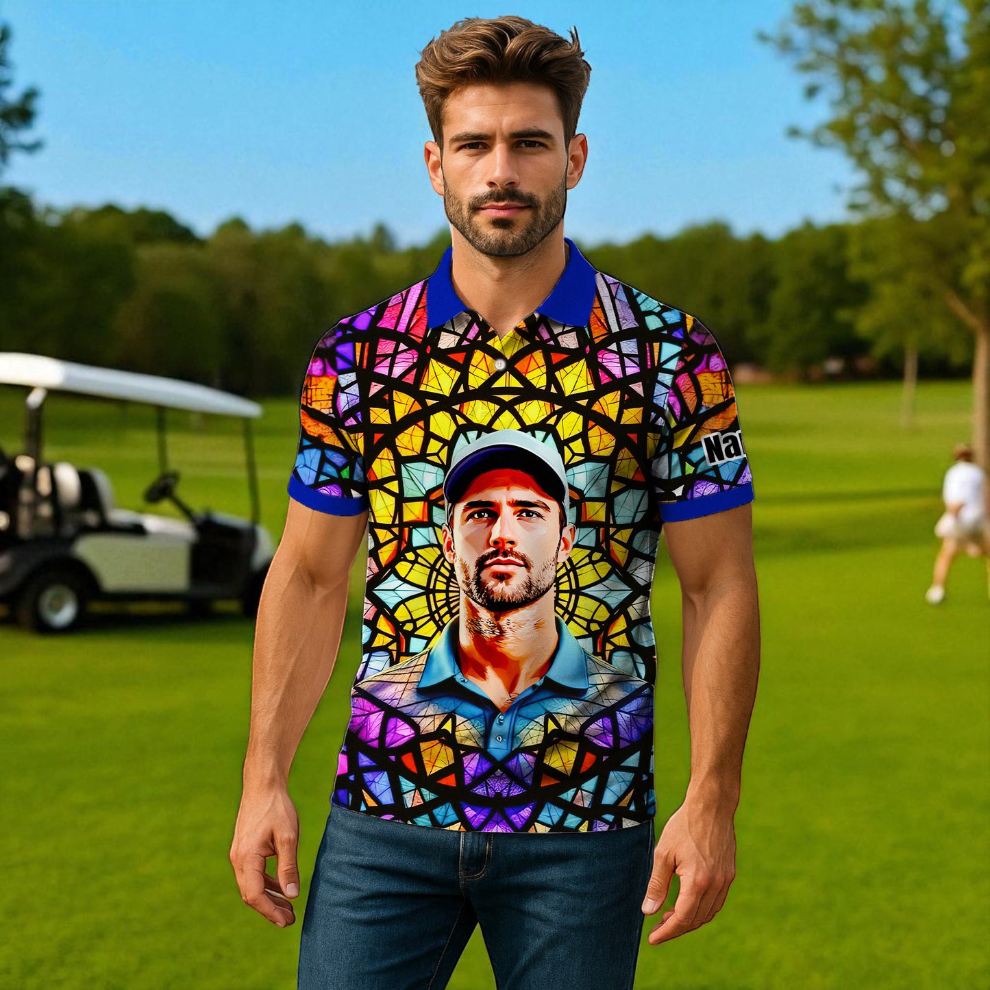 Custom Face Golf Polo Shirt – Personalized Stained Glass Mandala Style Polo, Unique Gift for Men & Women, Vibrant Artistic Golf Shirt, Custom Photo Polo