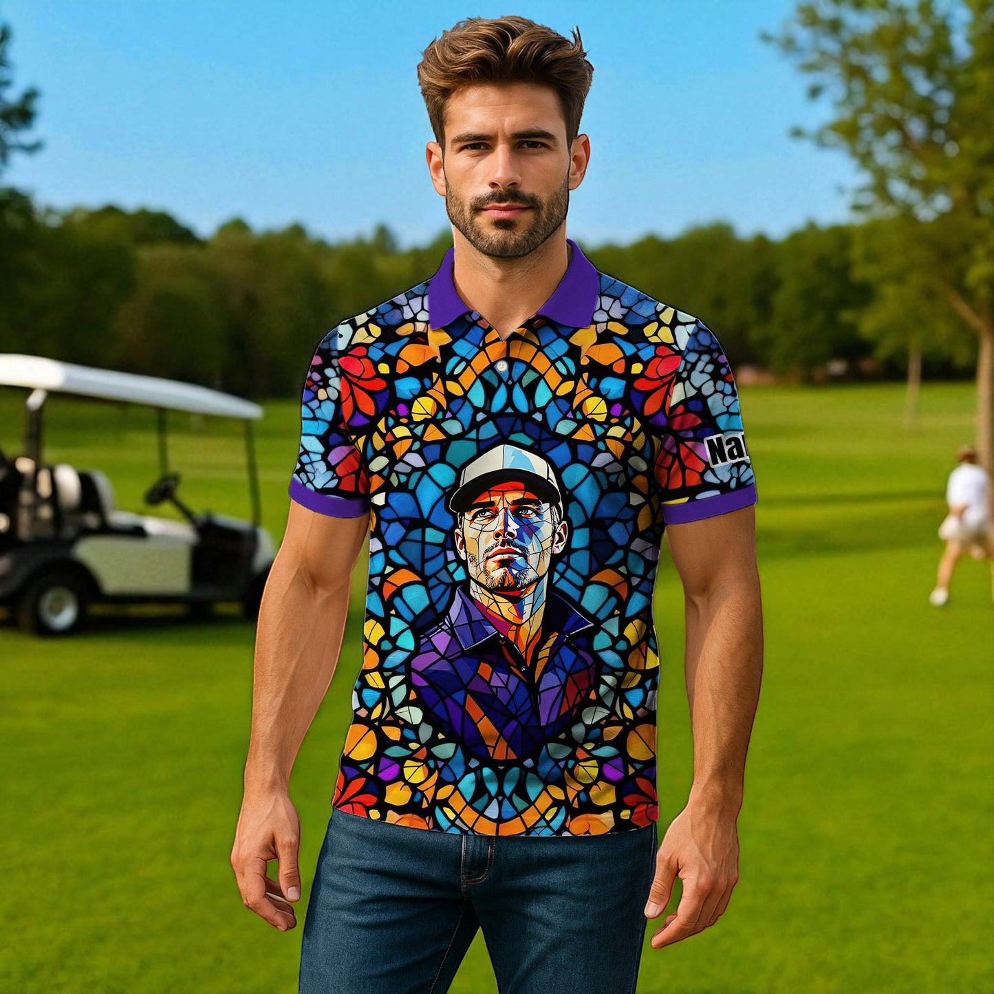 Custom Face Golf Polo Shirt – Personalized Stained Glass Art Shirt, Unique Golf Gift for Him, Colorful Abstract Golf Polo, Custom Sportswear