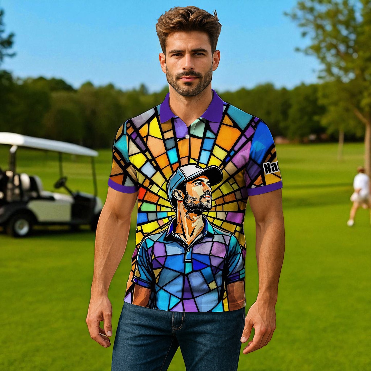 Custom Face Golf Polo Shirt – Personalized Stained Glass Art Shirt, Unique Golf Gift for Him, Colorful Abstract Golf Polo, Custom Sportswear