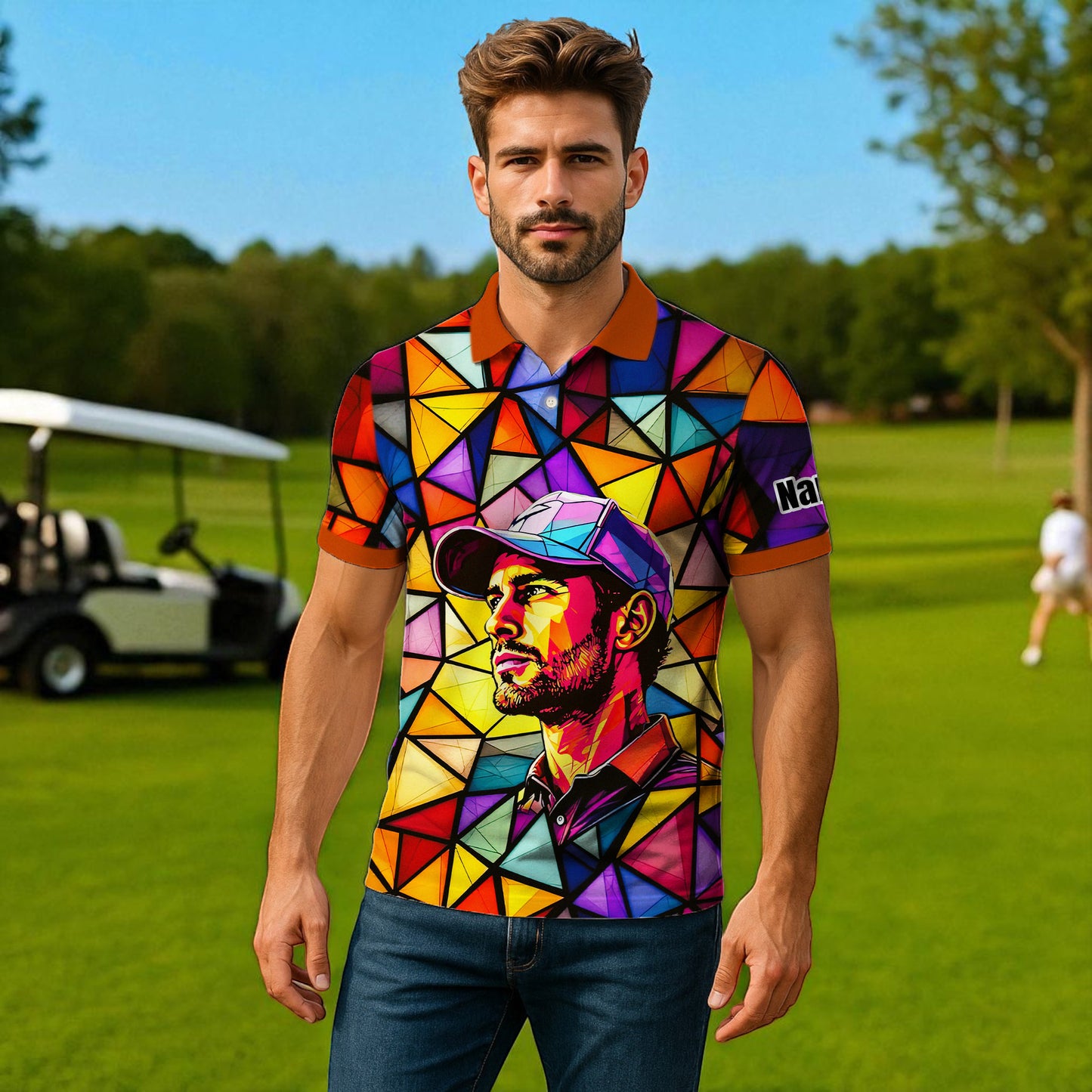 HomyGifts Men's Customized Face Artistic Golf Polo Shirt, Angular Geometric Glass Pattern, Stained-Glass Mosaic Print, Personalized Sublimation Golf Shirt, Vibrant Geometric Portrait Tee