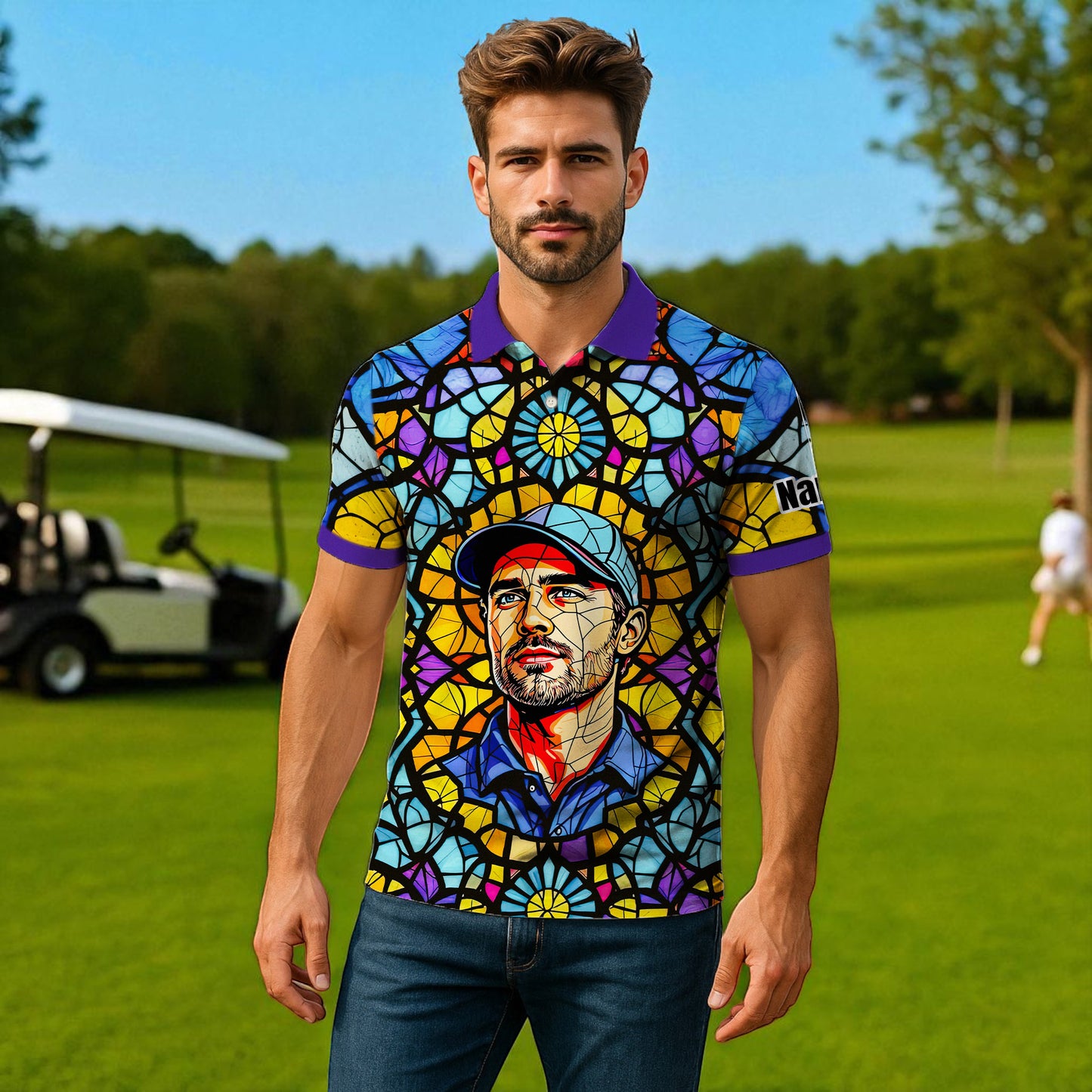 Custom Face Golf Polo Shirt – Personalized Stained Glass Art Shirt, Unique Golf Gift for Him, Colorful Abstract Golf Polo, Custom Sportswear