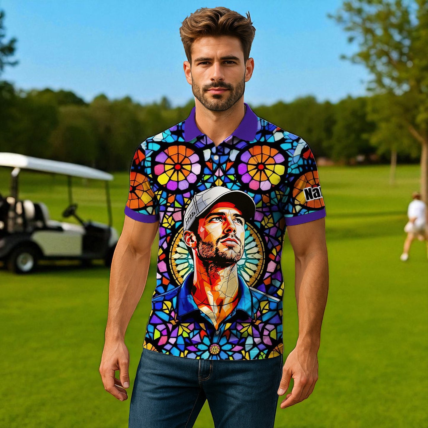 Custom Face Golf Polo Shirt – Personalized Stained Glass Art Shirt, Unique Golf Gift for Him, Colorful Abstract Golf Polo, Custom Sportswear
