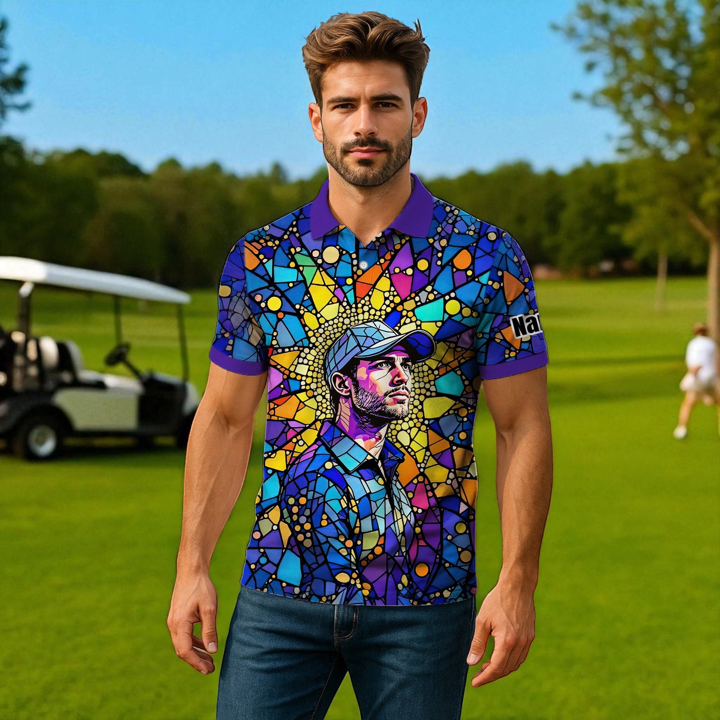 Custom Face Golf Polo Shirt – Personalized Stained Glass Art Shirt, Unique Golf Gift for Him, Colorful Abstract Golf Polo, Custom Sportswear