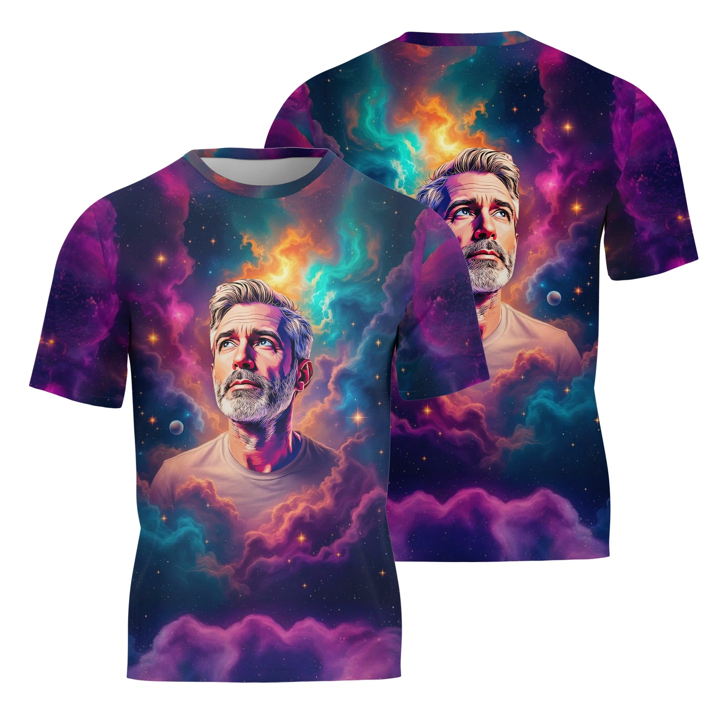 Custom Face Surreal Cosmic Art T-Shirt – Personalized Galaxy Universe Tee with Trippy Sci-Fi Design for Unique Gifts & Style