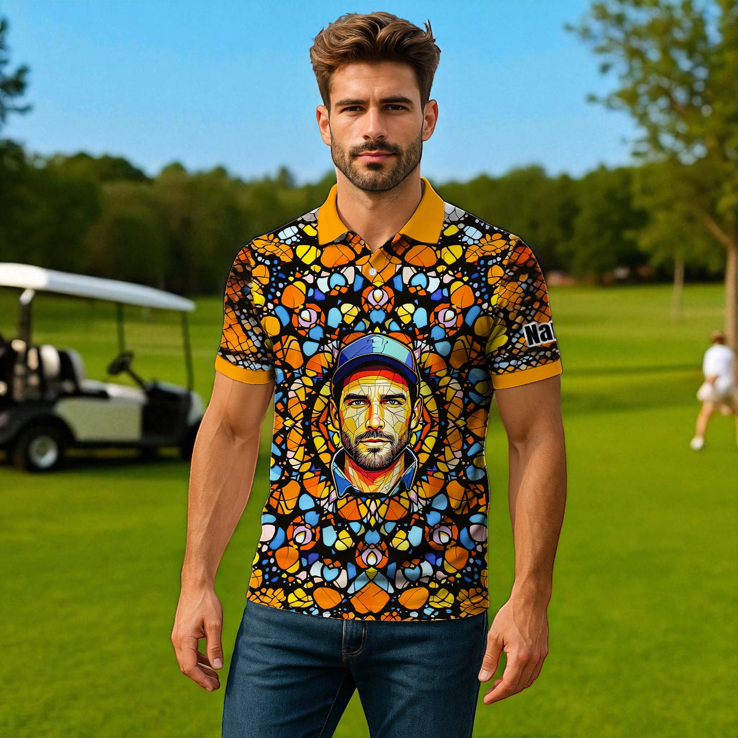 Custom Face Golf Polo Shirt – Personalized Stained Glass Mandala Style Polo, Unique Gift for Men & Women, Vibrant Artistic Golf Shirt, Custom Photo Polo