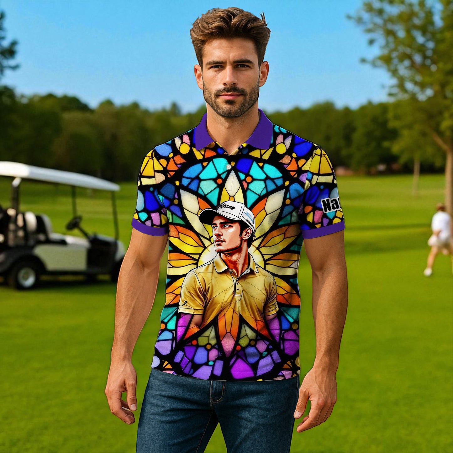 Custom Face Golf Polo Shirt – Personalized Stained Glass Art Shirt, Unique Golf Gift for Him, Colorful Abstract Golf Polo, Custom Sportswear