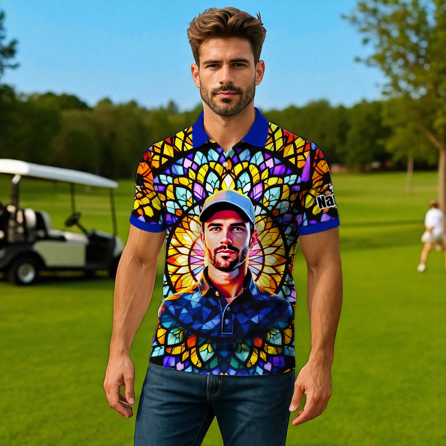 Custom Face Golf Polo Shirt – Personalized Stained Glass Mandala Style Polo, Unique Gift for Men & Women, Vibrant Artistic Golf Shirt, Custom Photo Polo