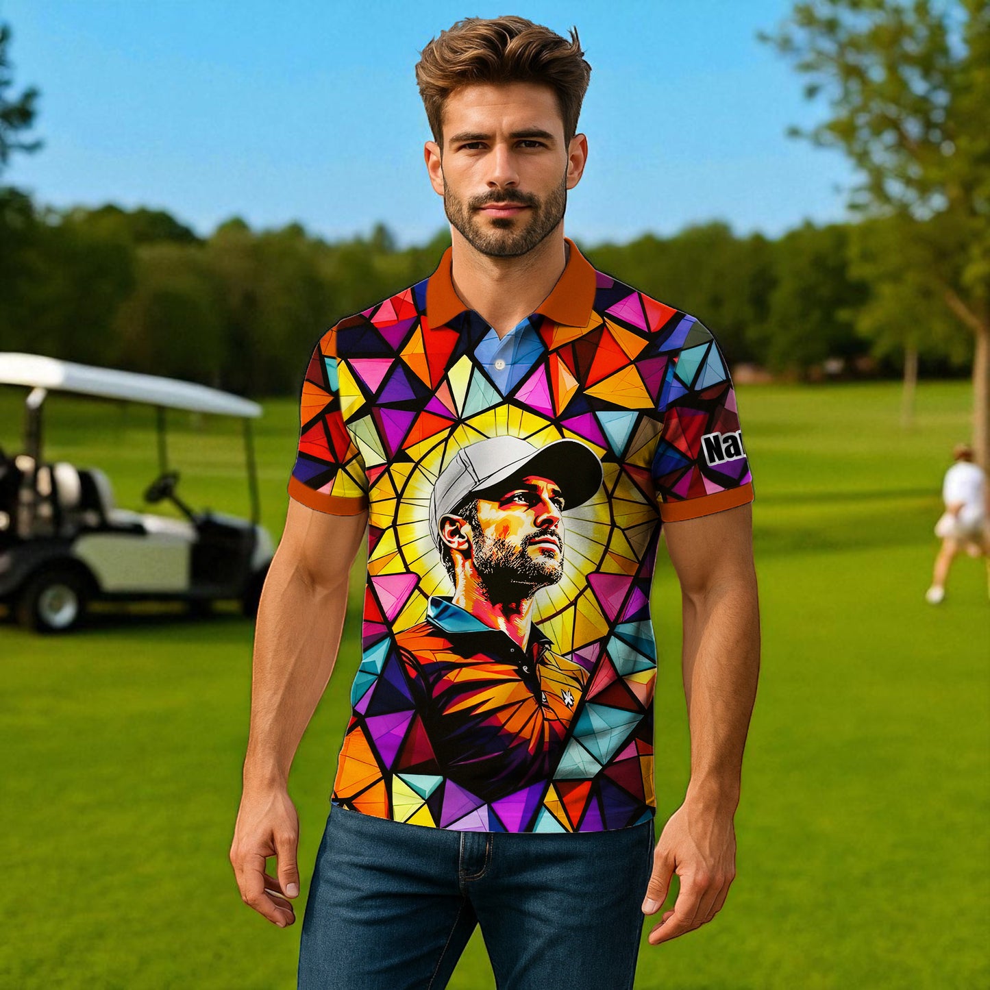 HomyGifts Men's Customized Face Artistic Golf Polo Shirt, Angular Geometric Glass Pattern, Stained-Glass Mosaic Print, Personalized Sublimation Golf Shirt, Vibrant Geometric Portrait Tee