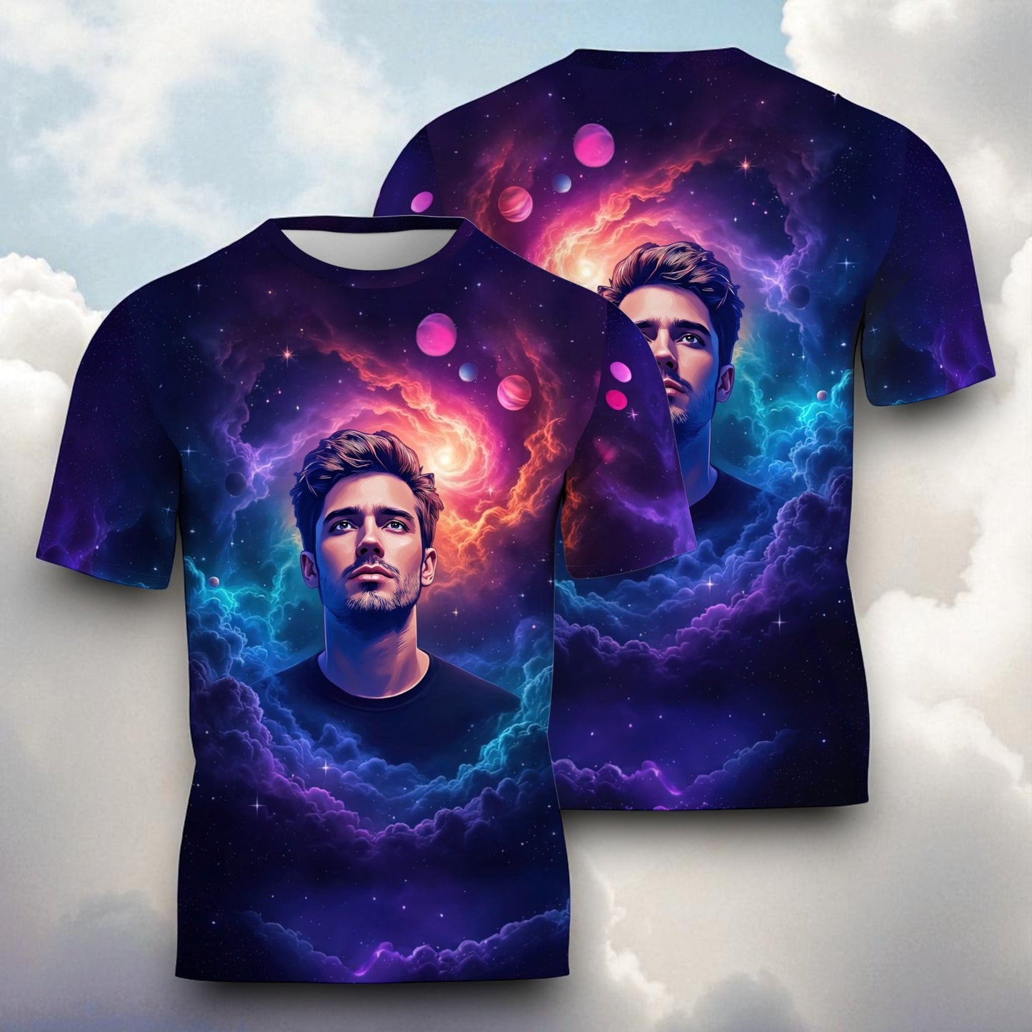 Custom Face Surreal Cosmic Art T-Shirt – Personalized Galaxy Universe Tee with Trippy Sci-Fi Design for Unique Gifts & Style