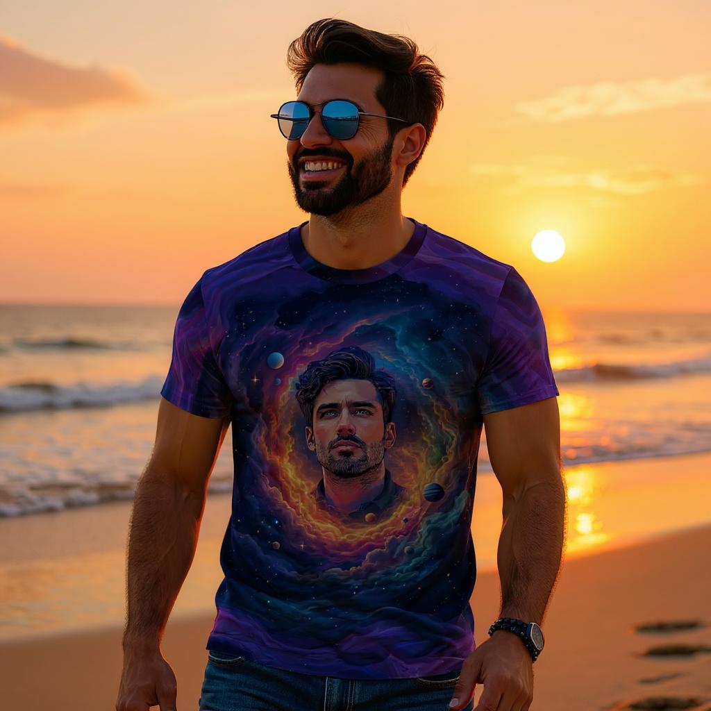 Custom Face Surreal Cosmic Art T-Shirt – Personalized Galaxy Universe Tee with Trippy Sci-Fi Design for Unique Gifts & Style