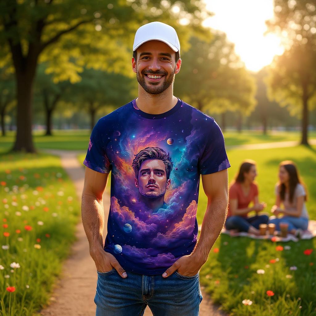 Custom Face Surreal Cosmic Art T-Shirt – Personalized Galaxy Universe Tee with Trippy Sci-Fi Design for Unique Gifts & Style
