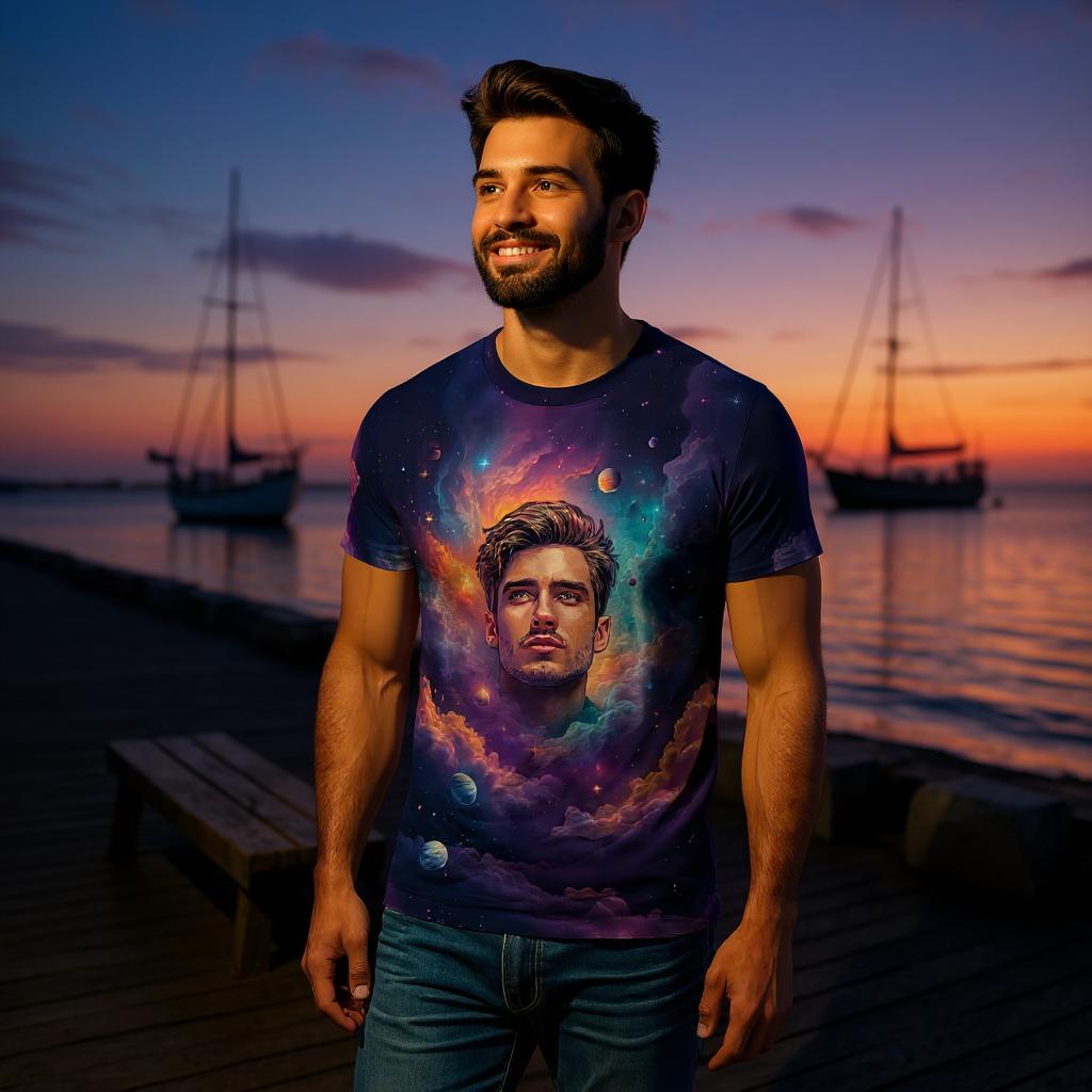 Custom Face Surreal Cosmic Art T-Shirt – Personalized Galaxy Universe Tee with Trippy Sci-Fi Design for Unique Gifts & Style