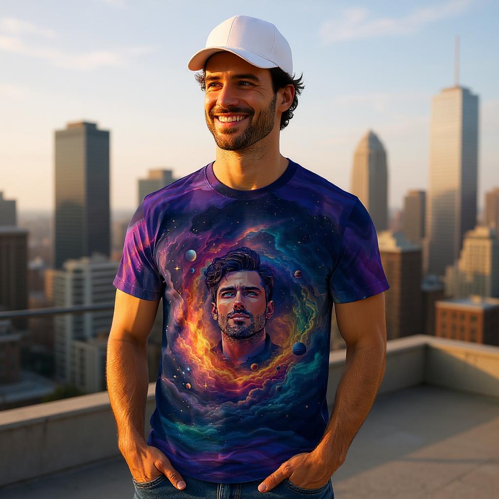 Custom Face Surreal Cosmic Art T-Shirt – Personalized Galaxy Universe Tee with Trippy Sci-Fi Design for Unique Gifts & Style
