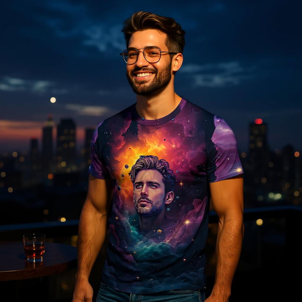 Custom Face Surreal Cosmic Art T-Shirt – Personalized Galaxy Universe Tee with Trippy Sci-Fi Design for Unique Gifts & Style