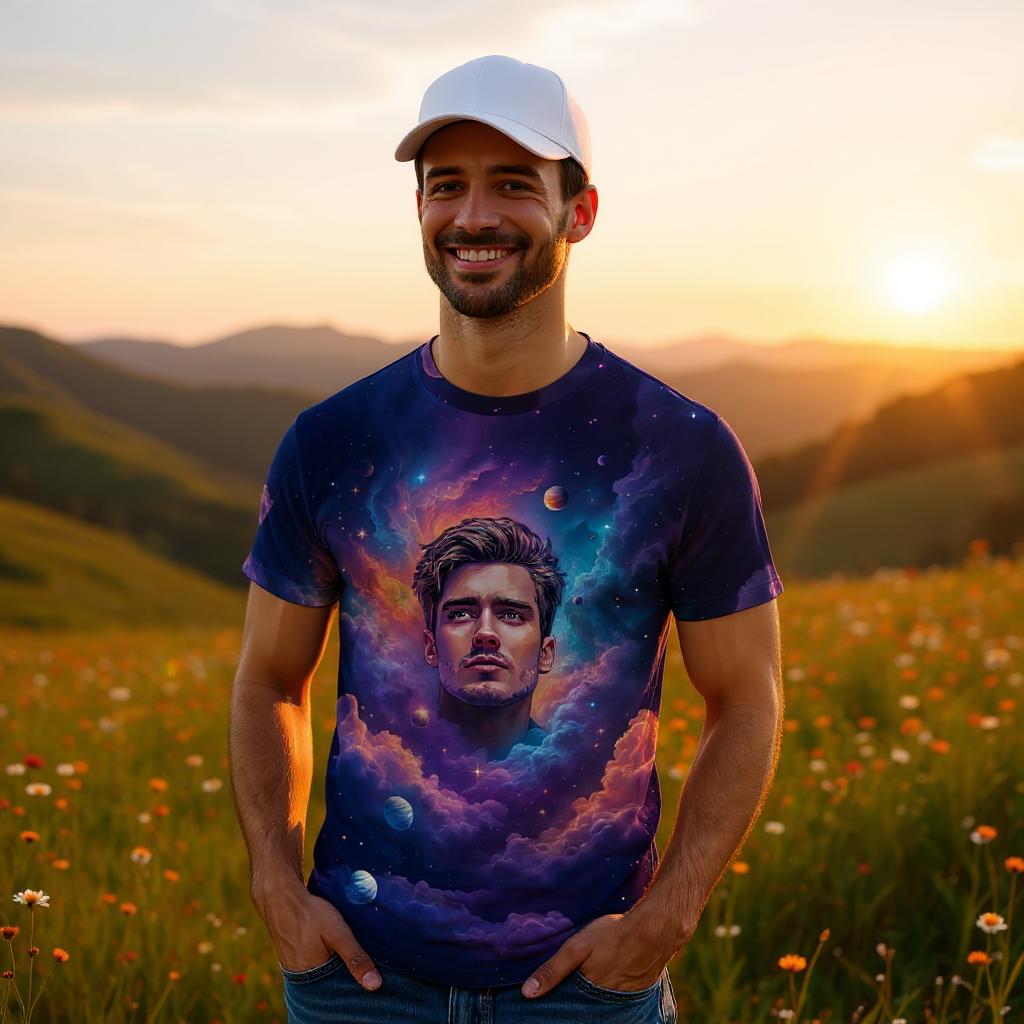 Custom Face Surreal Cosmic Art T-Shirt – Personalized Galaxy Universe Tee with Trippy Sci-Fi Design for Unique Gifts & Style