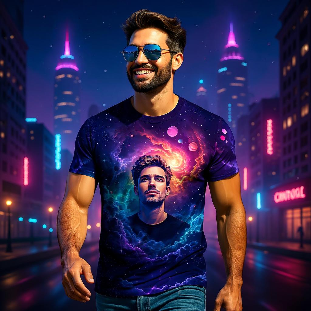Custom Face Surreal Cosmic Art T-Shirt – Personalized Galaxy Universe Tee with Trippy Sci-Fi Design for Unique Gifts & Style