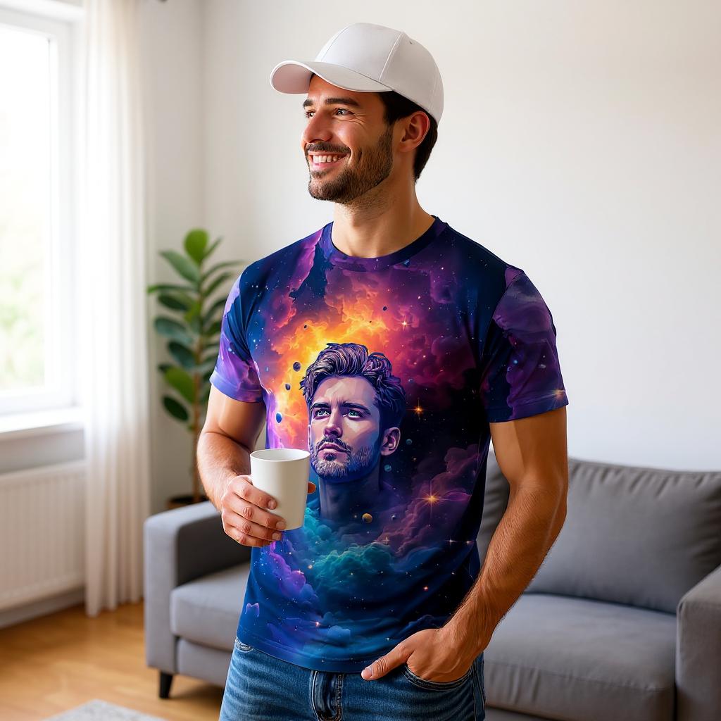 Custom Face Surreal Cosmic Art T-Shirt – Personalized Galaxy Universe Tee with Trippy Sci-Fi Design for Unique Gifts & Style