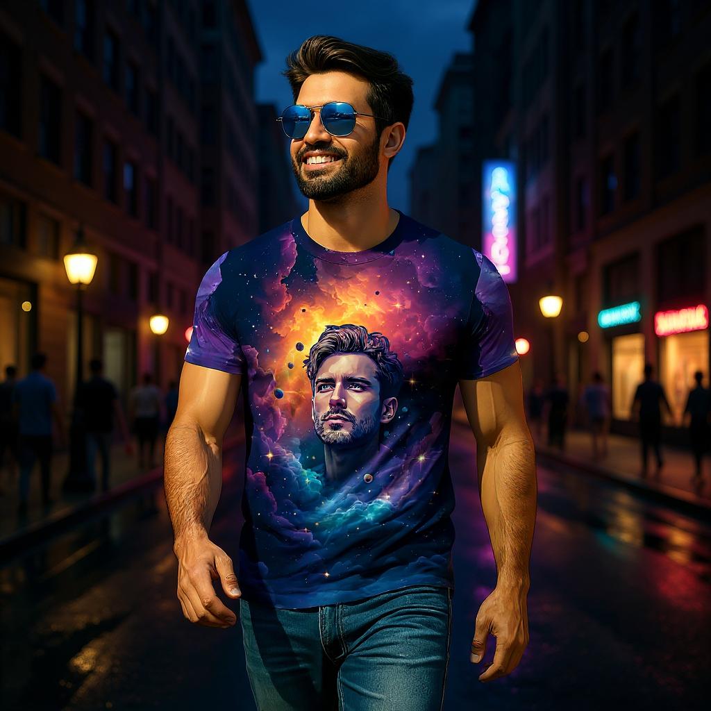 Custom Face Surreal Cosmic Art T-Shirt – Personalized Galaxy Universe Tee with Trippy Sci-Fi Design for Unique Gifts & Style