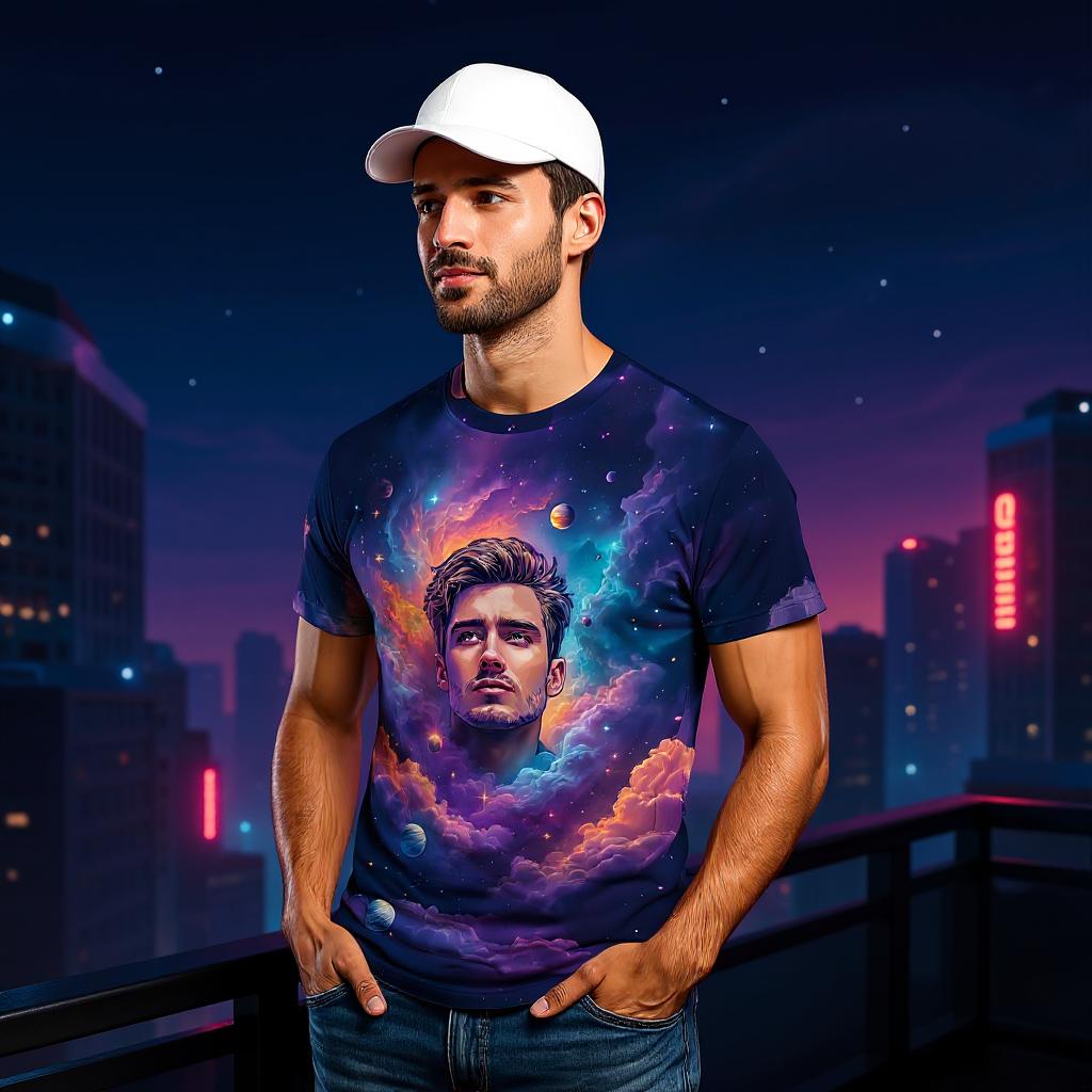 Custom Face Surreal Cosmic Art T-Shirt – Personalized Galaxy Universe Tee with Trippy Sci-Fi Design for Unique Gifts & Style