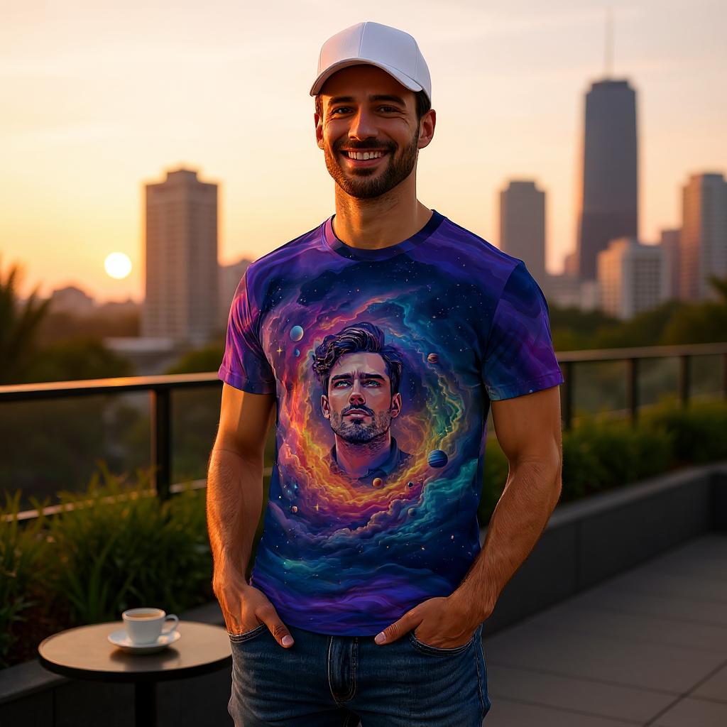 Custom Face Surreal Cosmic Art T-Shirt – Personalized Galaxy Universe Tee with Trippy Sci-Fi Design for Unique Gifts & Style