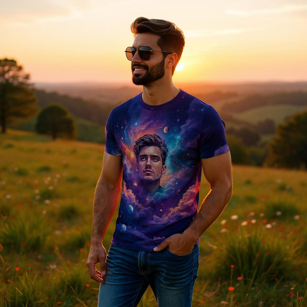 Custom Face Surreal Cosmic Art T-Shirt – Personalized Galaxy Universe Tee with Trippy Sci-Fi Design for Unique Gifts & Style