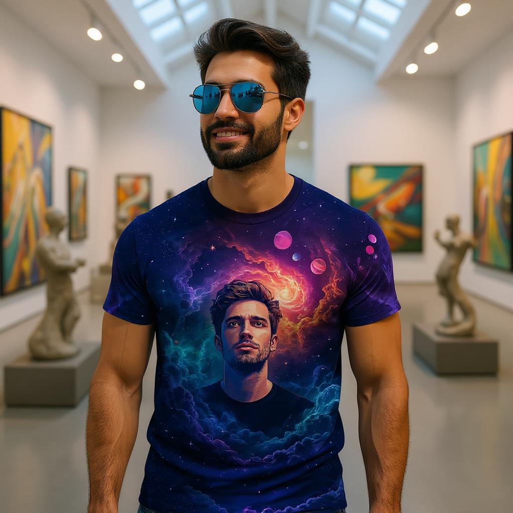 Custom Face Surreal Cosmic Art T-Shirt – Personalized Galaxy Universe Tee with Trippy Sci-Fi Design for Unique Gifts & Style