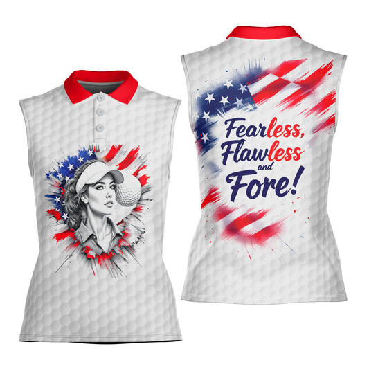 Fearless, Flawless, Fore! Women's Sleeveless Golf Polo Shirt - Patriotic Golf Apparel Style 1