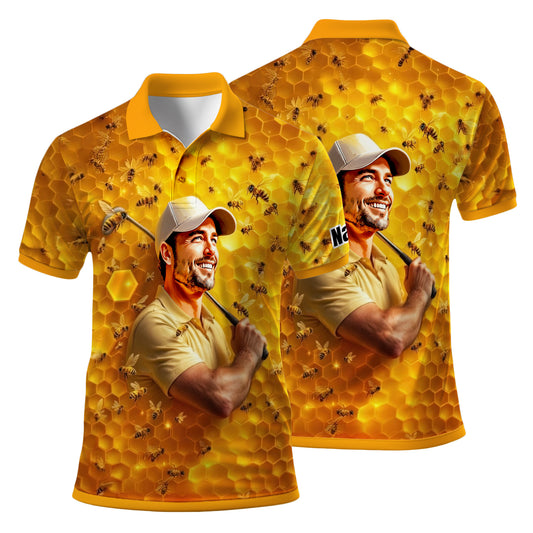 HomyGifts Men's Customized Face Artistic Golf Polo Shirt, Personalized Bee & Honeycomb Polo Shirt with Face, Funny Honey Lover Outfit, Summer Polo for Men Style 5