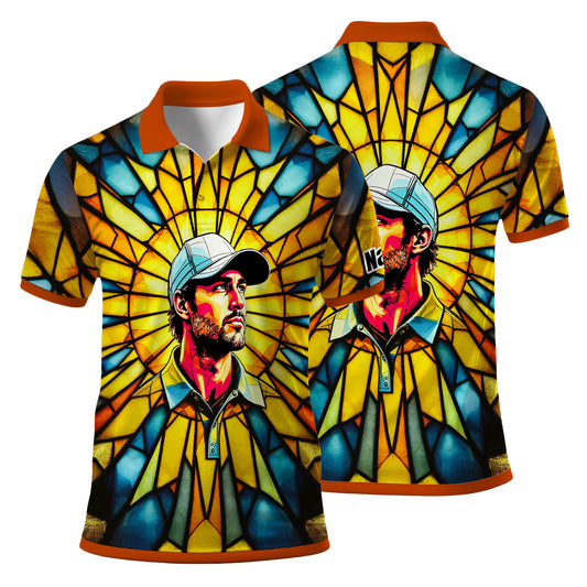 HomyGifts Men's Customized Face Artistic Golf Polo Shirt, Angular Geometric Glass Pattern, Stained-Glass Mosaic Print, Personalized Sublimation Golf Shirt, Vibrant Geometric Portrait Tee Style 14