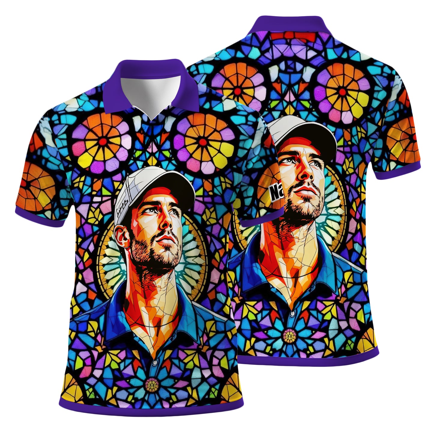 Custom Face Golf Polo Shirt – Personalized Stained Glass Art Shirt, Unique Golf Gift for Him, Colorful Abstract Golf Polo, Custom Sportswear