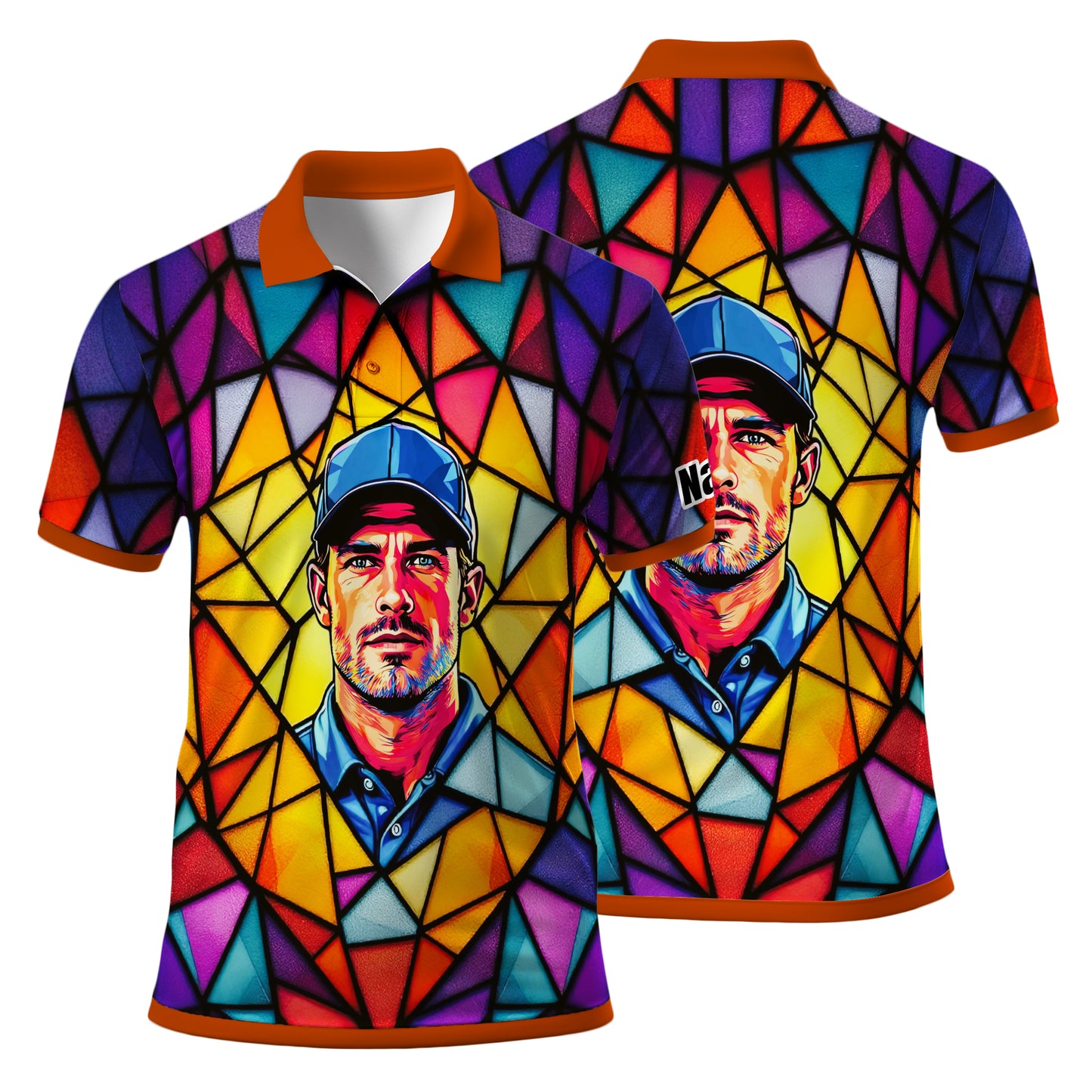 HomyGifts Men's Customized Face Artistic Golf Polo Shirt, Angular Geometric Glass Pattern, Stained-Glass Mosaic Print, Personalized Sublimation Golf Shirt, Vibrant Geometric Portrait Tee