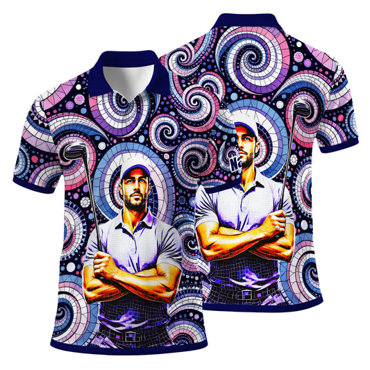 HomyGifts Men's Customized Face Artistic Golf Polo Shirt, Mosaic Art Style, Unique Personalized Golf Polo For Men Style 6