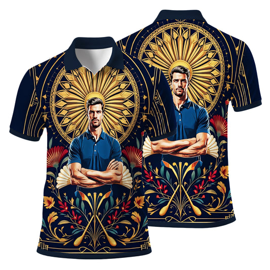 Custom Face Golf Polo Shirt – Swing in Gold Art Deco Revival Style | Personalized Golf Shirt for Men Style 2