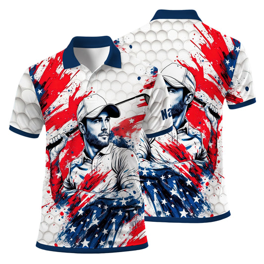 HomyGifts Men's Customized Face Artistic Golf Polo Shirt, Personalized American Flag Design, Unique Gift for Patriotic Golfers Style 26