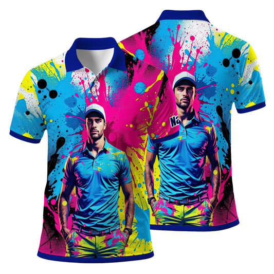 HomyGifts Men's Customized Face Artistic Golf Polo Shirt, Personalized Pop Art Golf Polo, Portrait Gift for Golfers Style 10