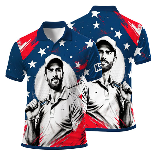 HomyGifts Men's Customized Face Artistic Golf Polo Shirt, Personalized American Flag Design, Unique Gift for Patriotic Golfers Style 25
