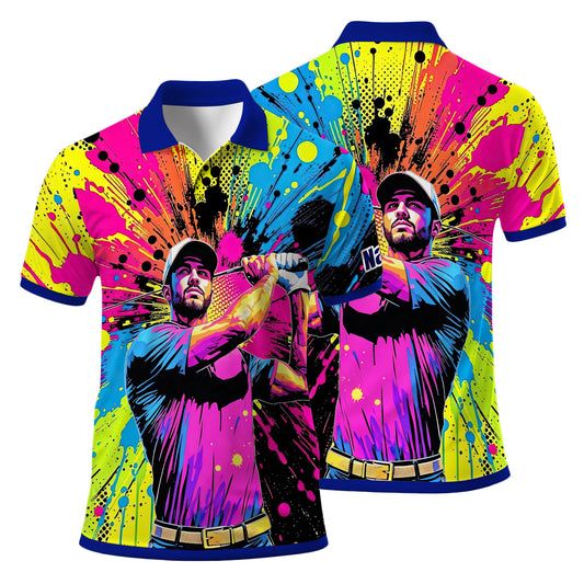 HomyGifts Men's Customized Face Artistic Golf Polo Shirt, Personalized Pop Art Golf Polo, Portrait Gift for Golfers Style 20