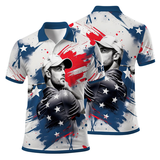 HomyGifts Men's Customized Face Artistic Golf Polo Shirt, Personalized American Flag Design, Unique Gift for Patriotic Golfers Style 14