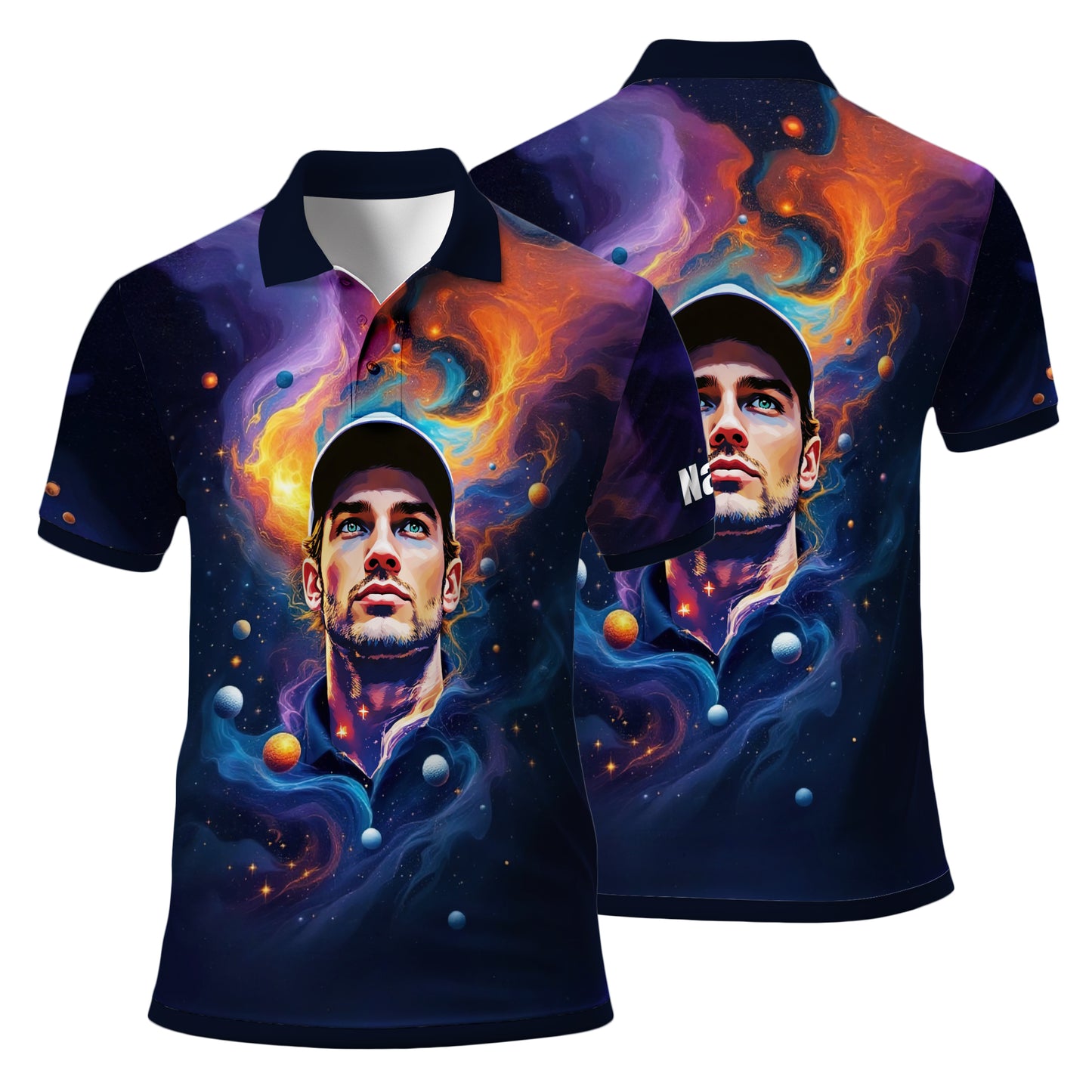 Custom Cosmic Portrait Polo Shirt – Personalized Surreal Galaxy Art with Your Face | Unique Gift for Golfers, Sports & Astrology Fans