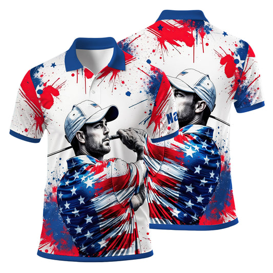 HomyGifts Men's Customized Face Artistic Golf Polo Shirt, Personalized American Flag Design, Unique Gift for Patriotic Golfers Style 18