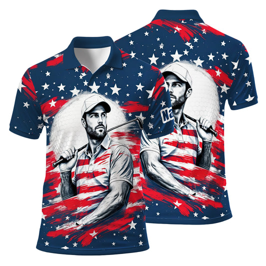 HomyGifts Men's Customized Face Artistic Golf Polo Shirt, Personalized American Flag Design, Unique Gift for Patriotic Golfers Style 22
