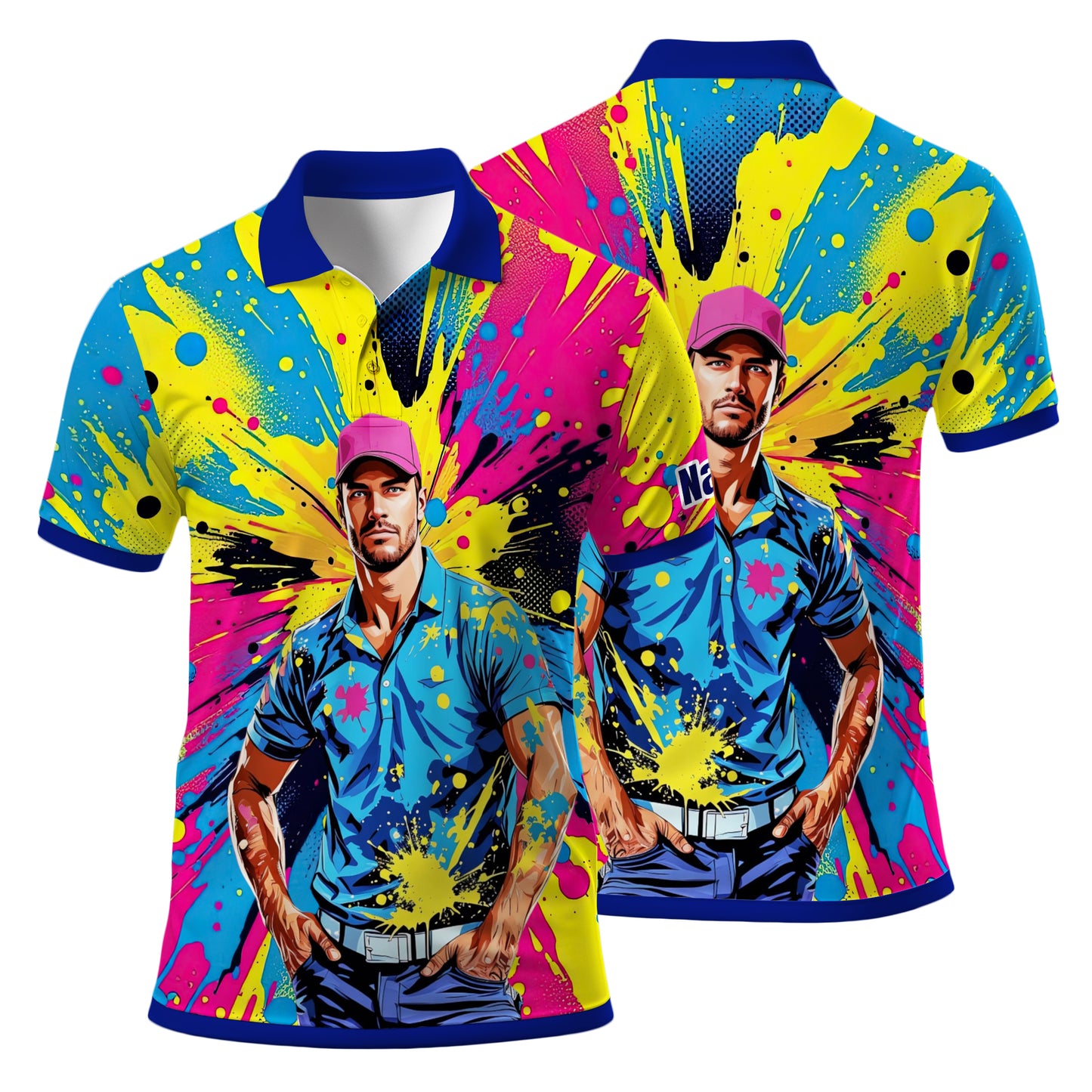 HomyGifts Men's Customized Face Artistic Golf Polo Shirt, Personalized Pop Art Golf Polo, Portrait Gift for Golfers Style 13